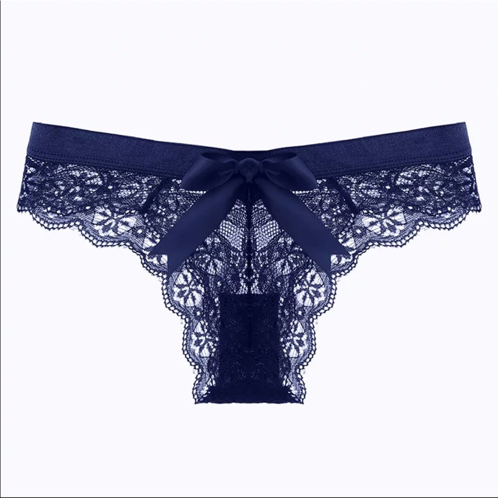 (Last 1) NAVY BLUE sexy lace bow thong transparent panty in navy blue lace